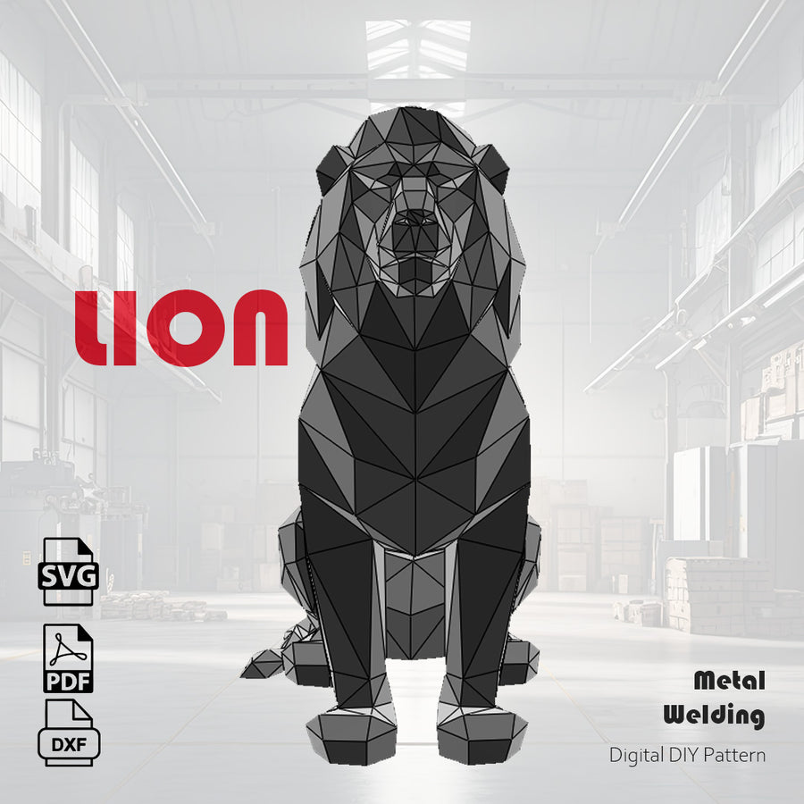 Low poly welded metal lion head sculpture made from a DXF cutting file