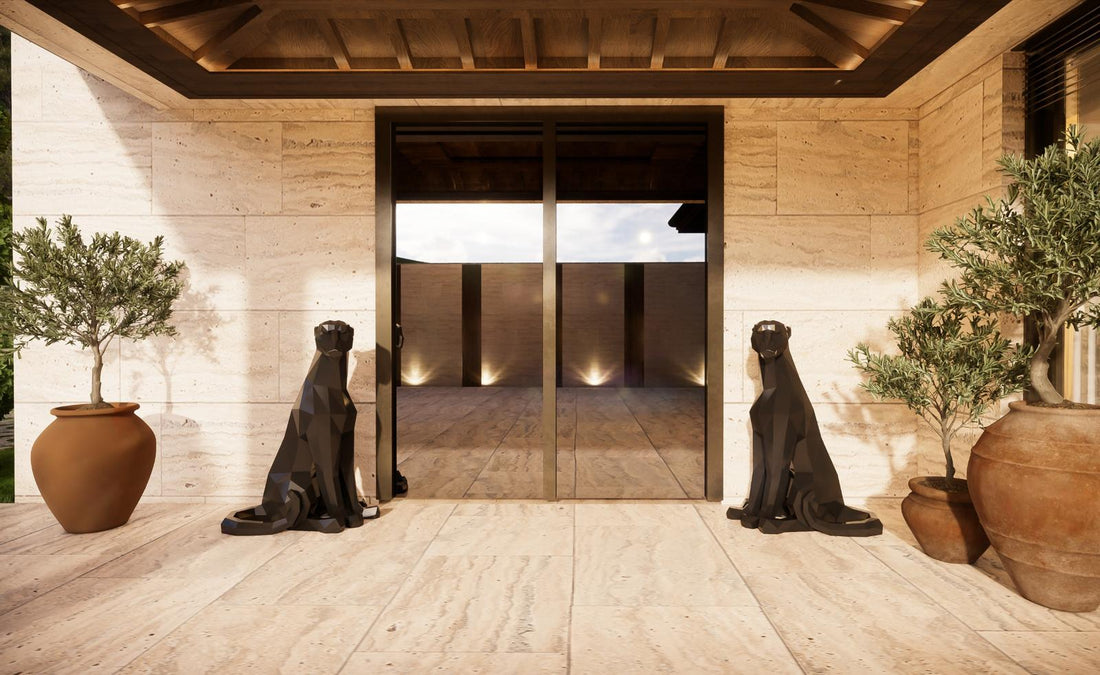 Two black low poly metal panther sculptures flanking the glass entrance of a boutique hotel, built from DXF cutting files