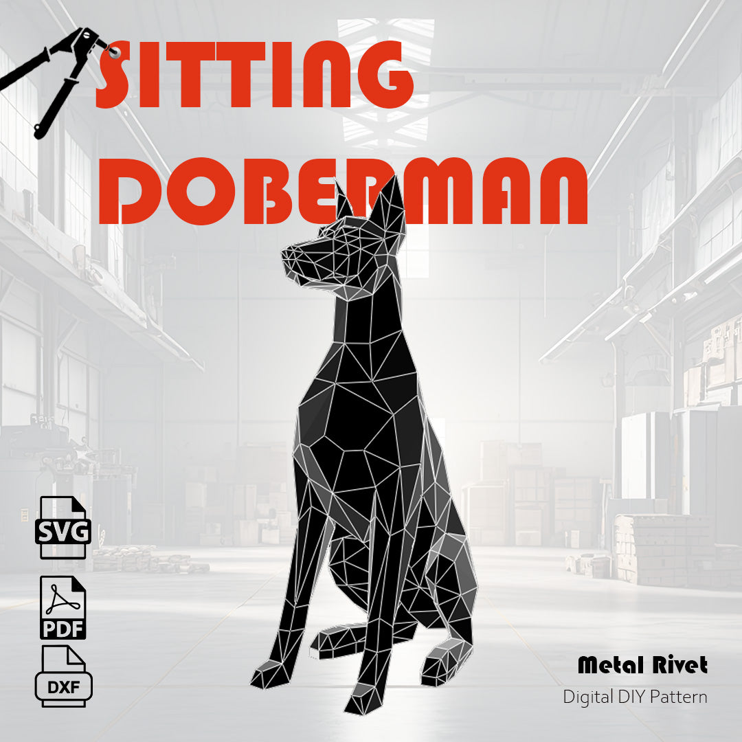 Dobermann assis à riveter